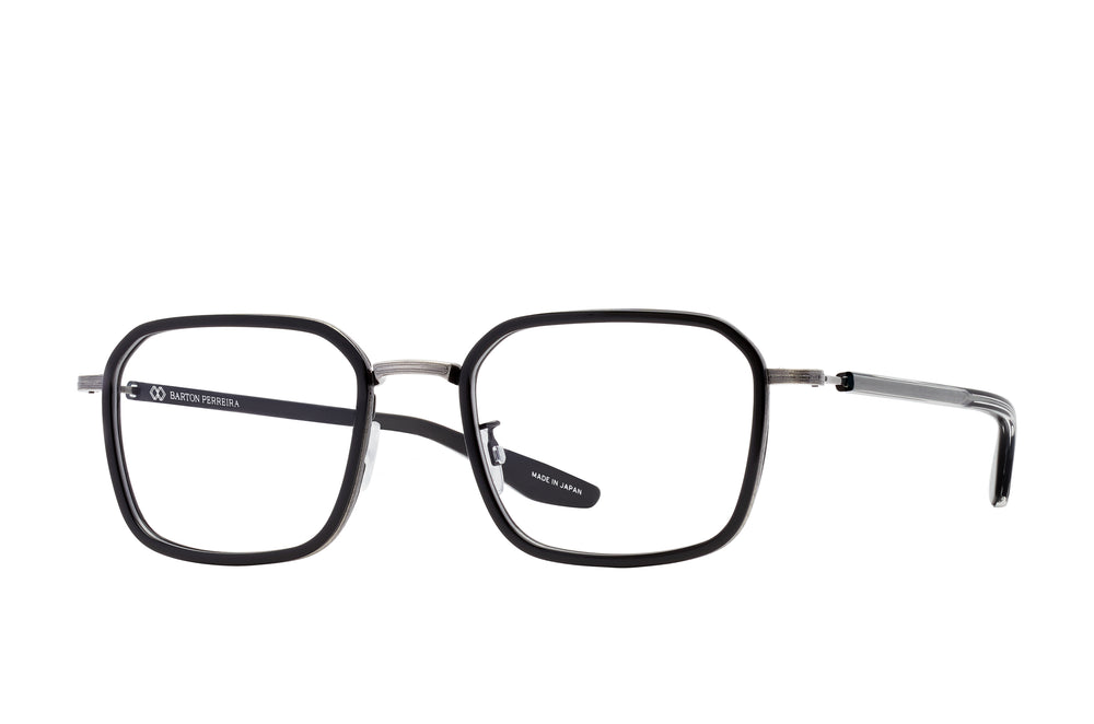Barton Perreira Euclid sunglasses with black and clear acetate frames and pewter accents, side view showing stylish design