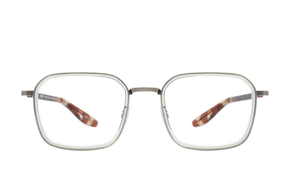 Barton Perreira Euclid sunglasses with clear, absinthe, chestnut, and antique-colored frames viewed from the front.