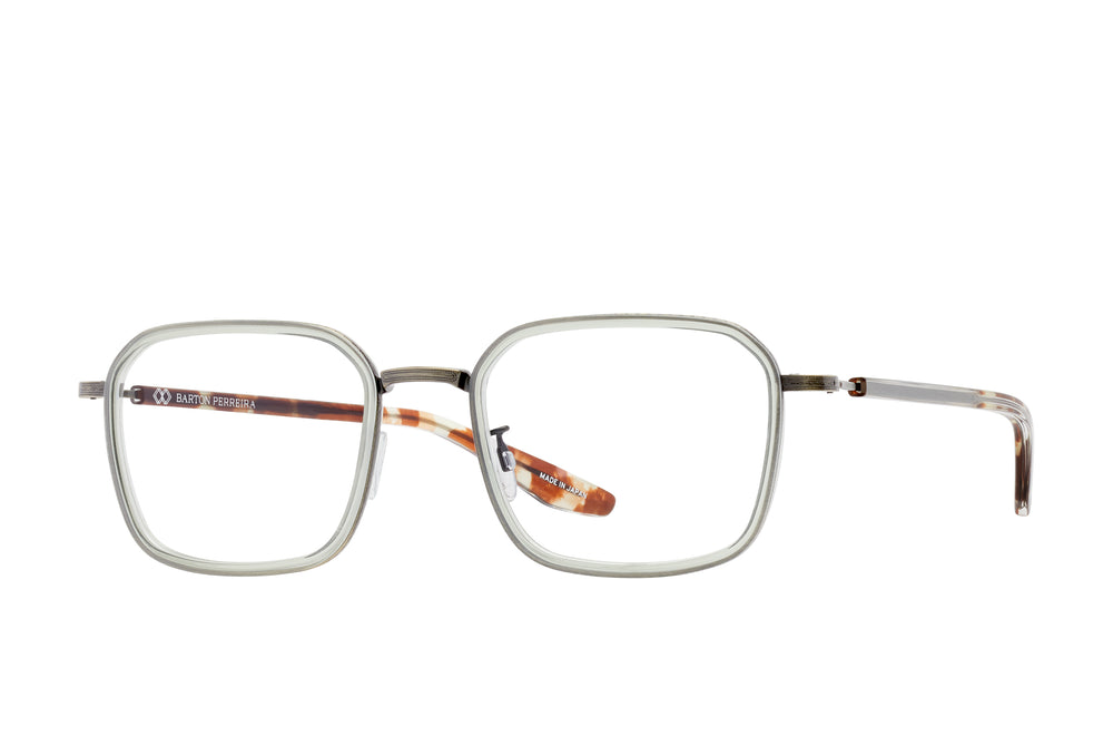 Side view of Barton Perreira Euclid eyeglasses with clear and chestnut antique acetate frames and metal accents.
