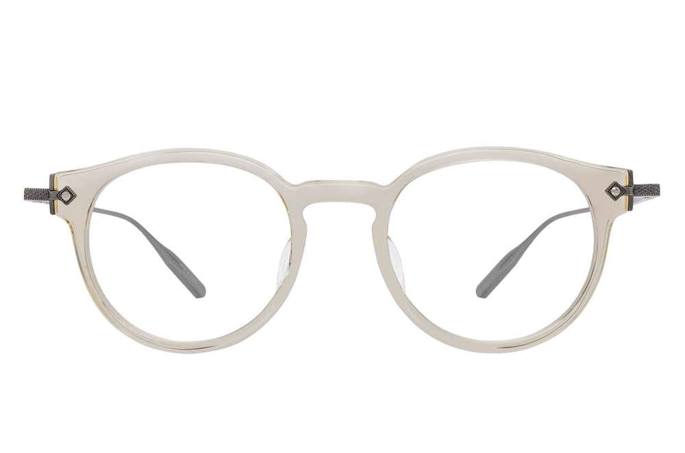 Barton Perreira Eugene sunglasses with champagne and pewter frames, front view showcasing stylish design and rounded shape.