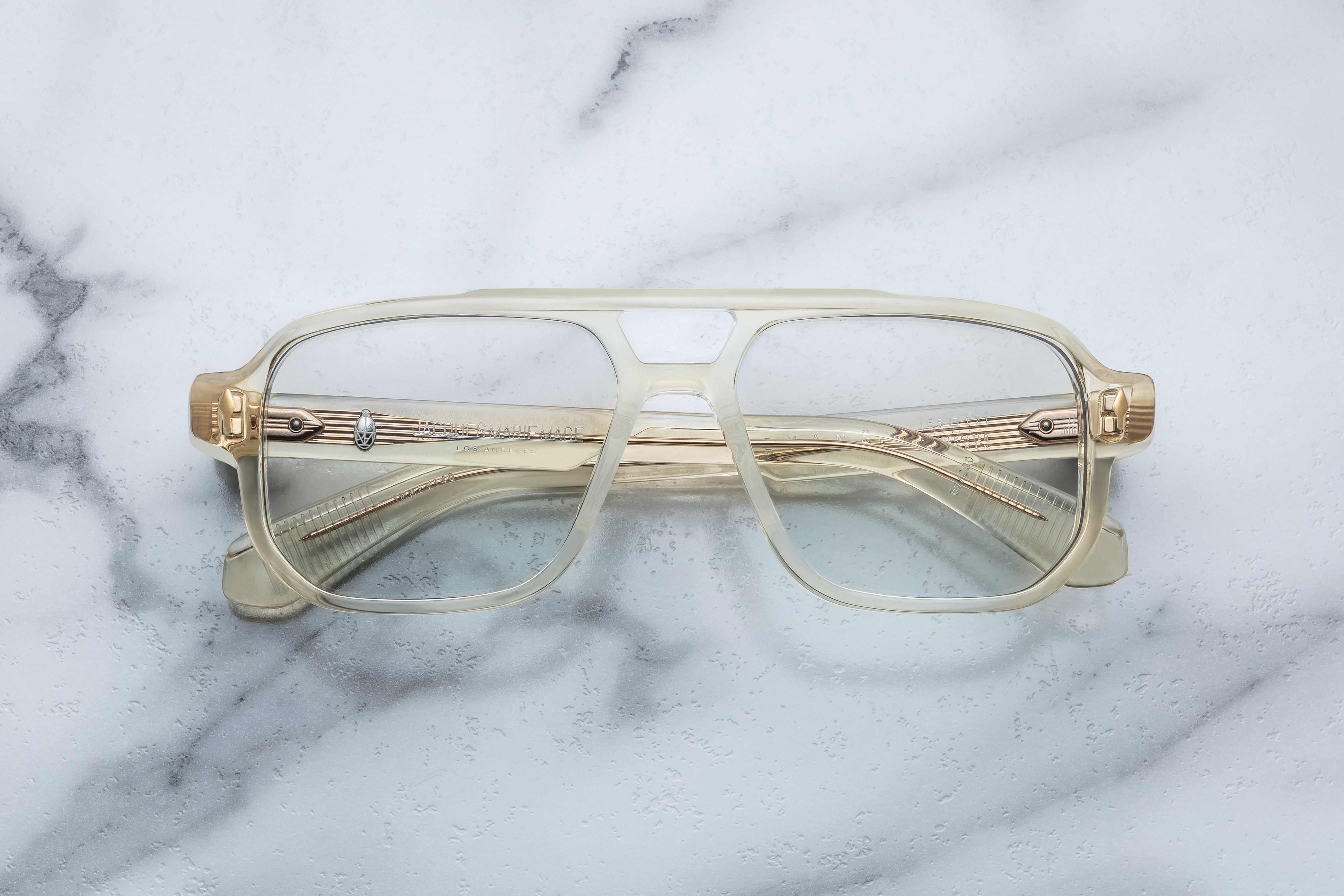 Jacques Marie Mage Evans RX optical glasses with modern frame design, shown from the front in a close-up view.