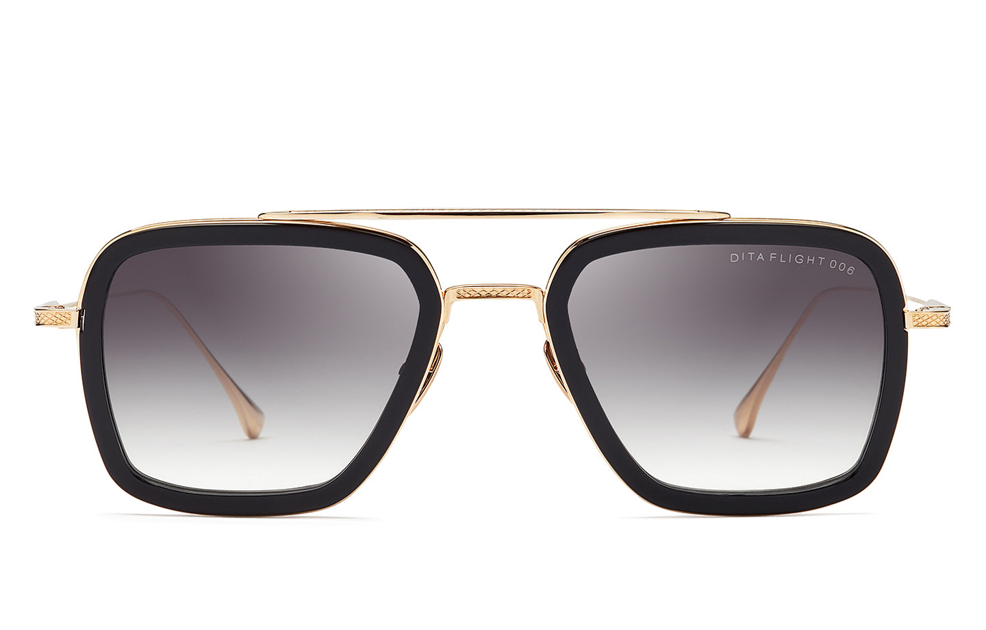 Dita FLIGHT 006 sunglasses with black and gold frame, front view showing sleek design and stylish detailing.
