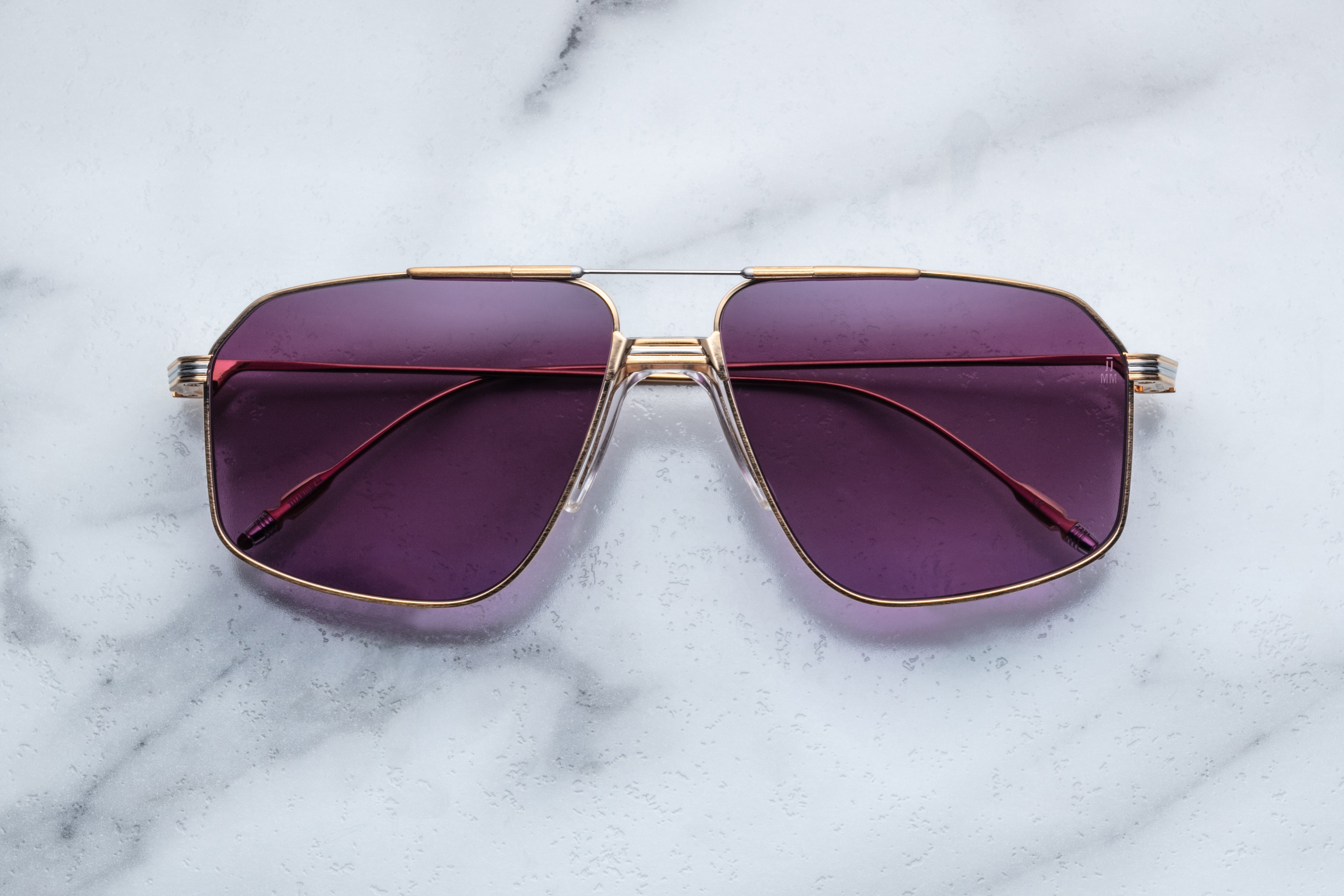 Jacques Marie Mage JAGGER mauveine sunglasses with rounded frames and tinted lenses, close-up front view.