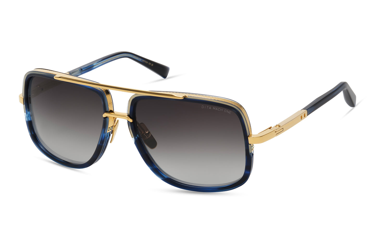 Dita MACH ONE sunglasses with gold and blue accents, angular frame, showcasing sleek design and premium craftsmanship.
