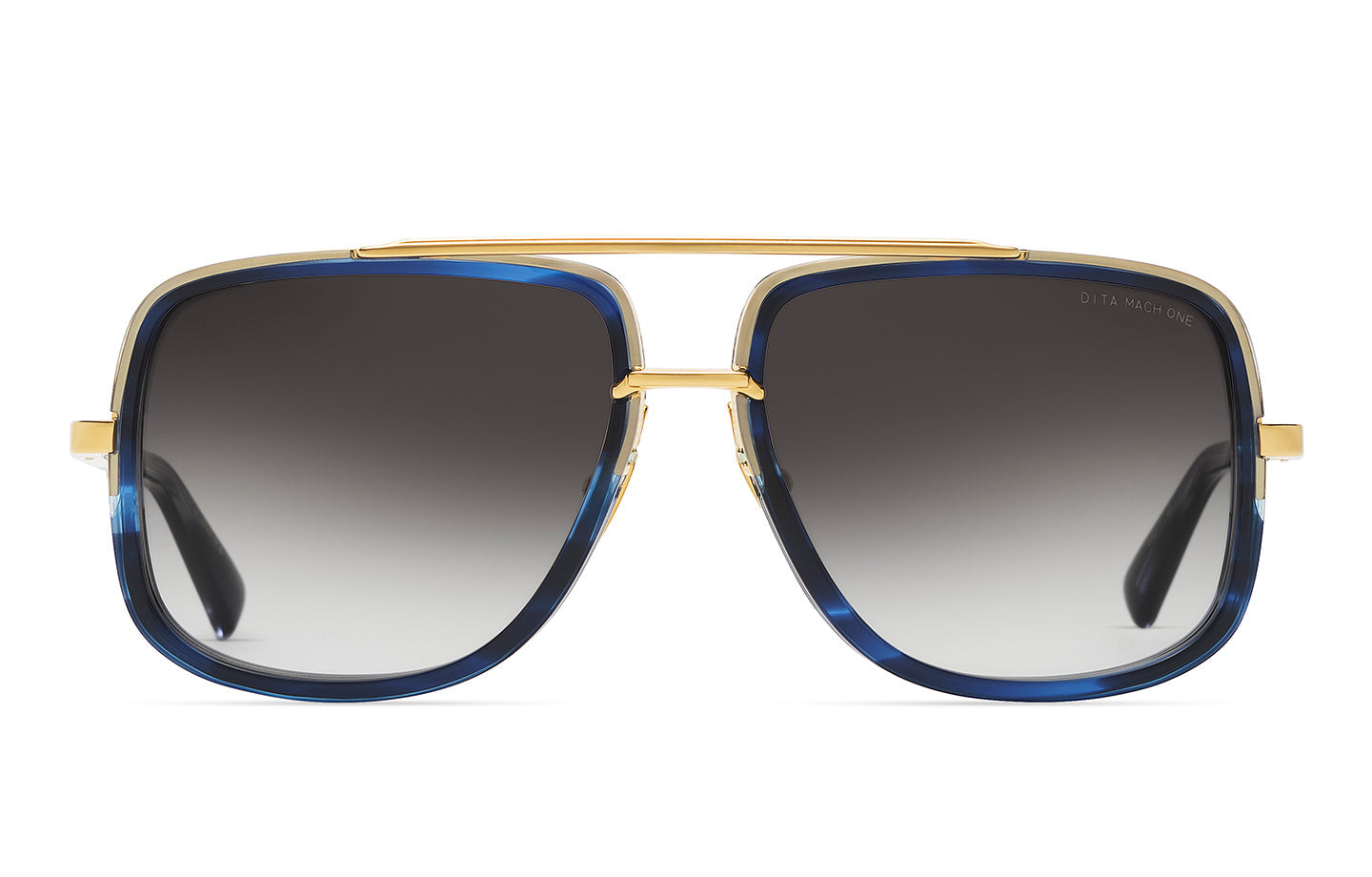Dita MACH ONE sunglasses with gold frame and blue lenses, shown from the front with sleek modern design and clear lens details.