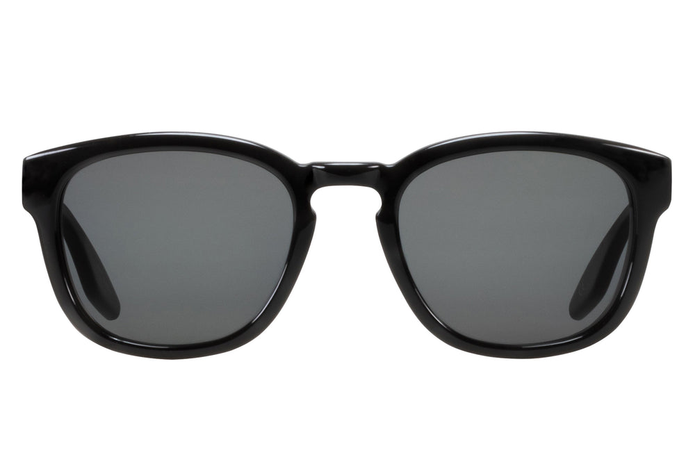 Nelson black acetate sunglasses by Barton Perreira with sleek frame and dark tinted lenses, front view.