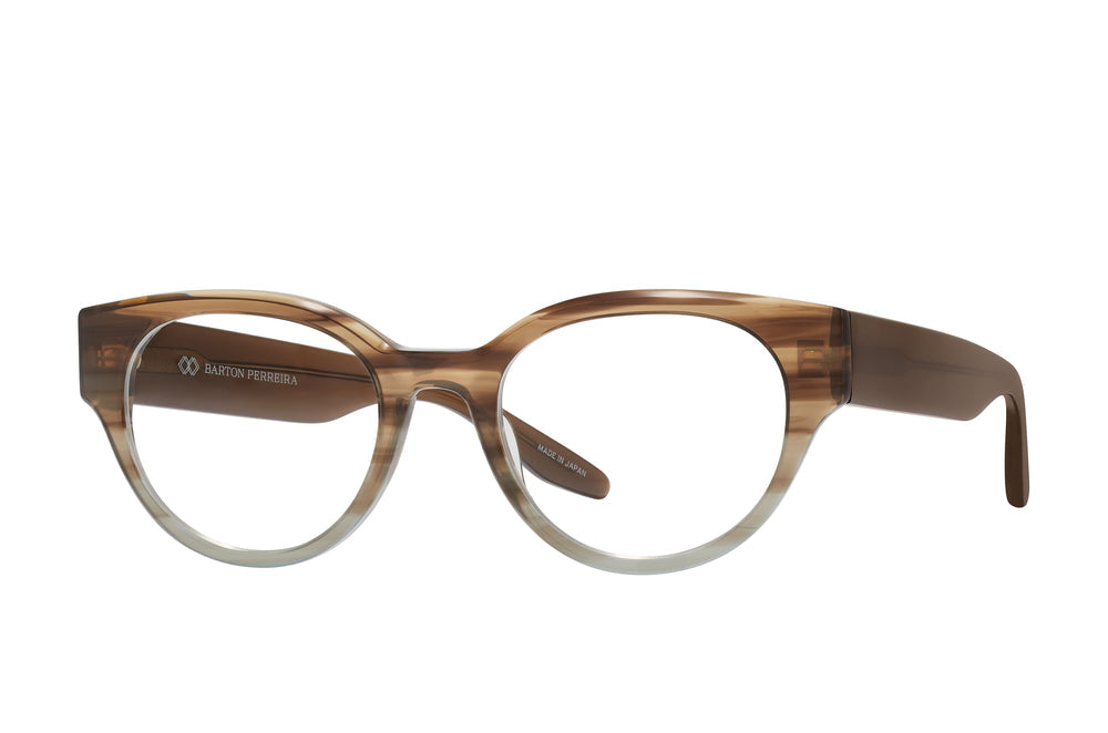 Barton Perreira NORA sunglasses with desert sky-colored frames, side view showing sleek design and rounded lenses.