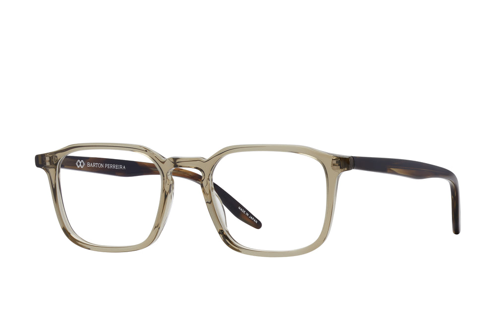Raymond sunglasses by Barton Perreira featuring khaki and tortoise shell acetate frames, side view showing classic design details.