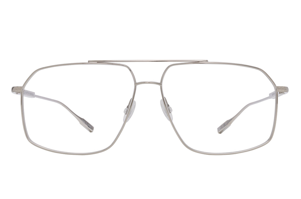 Silver RENZO sunglasses by Barton Perreira with sleek, modern frames and clear lenses, front view image.