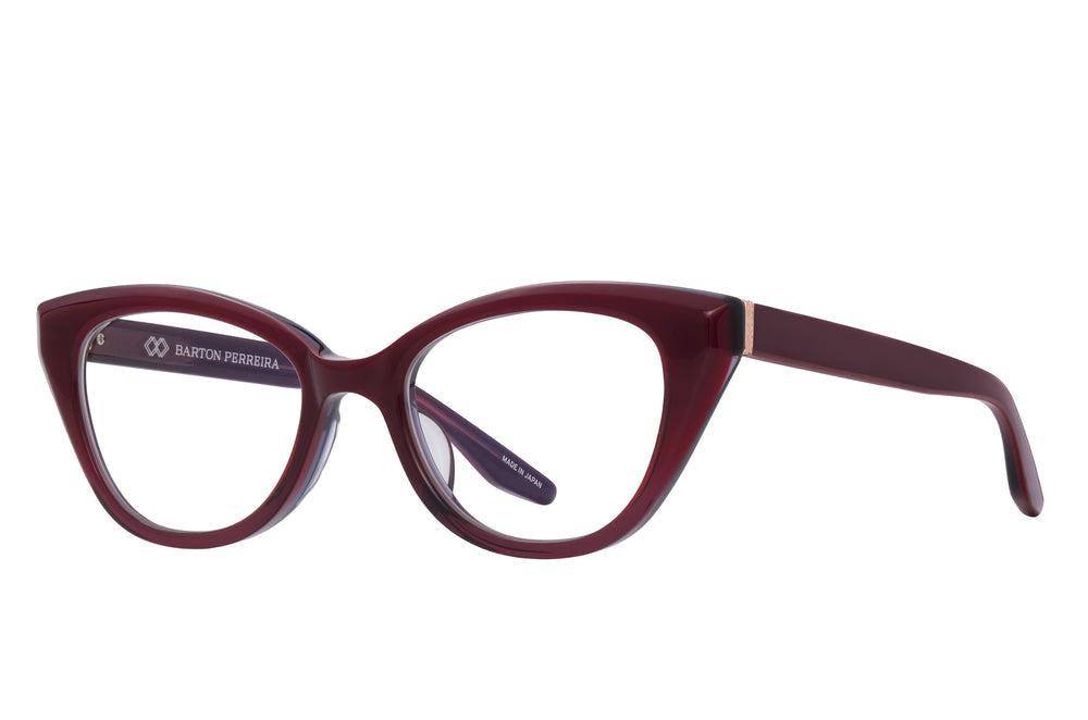 Rhea by Barton Perreira sunglasses with oxblood frames and rose gold accents, side view showing stylish eyewear design.