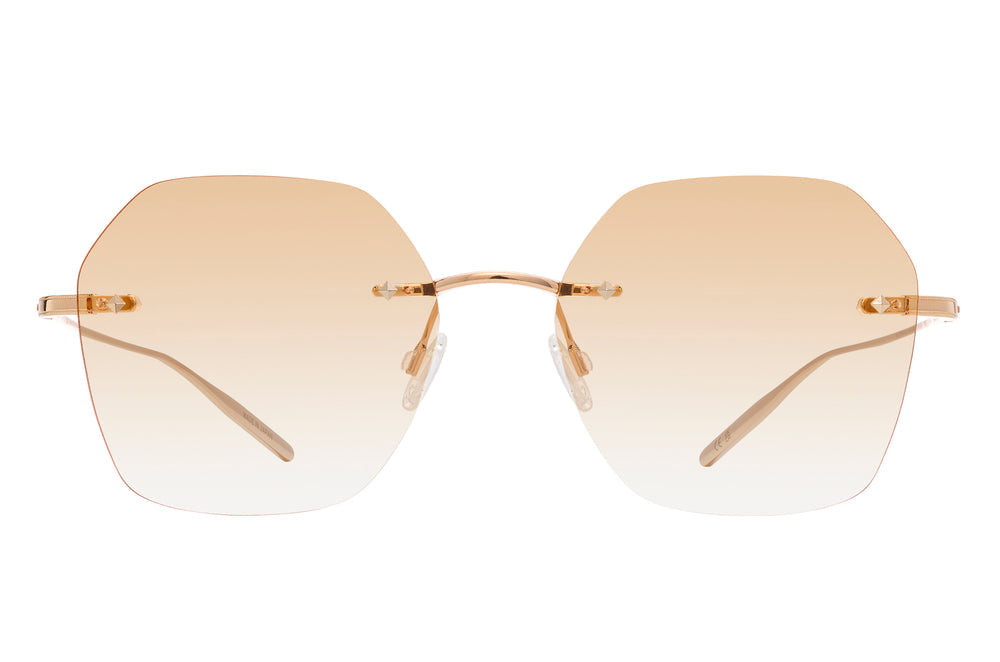 Rhonda Barton Perreira rimless eyeglasses with gold and peach-toned lenses, sleek design, and thin metal frames.