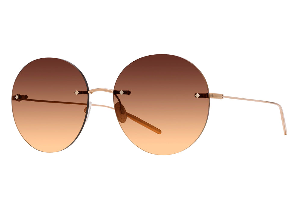 Barton Perreira Rigby rimless eyeglasses with gold frame and mahogany gradient lenses, side view showcasing sleek design.
