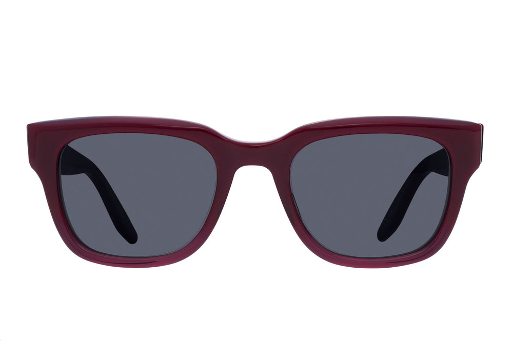 Barton Perreira Stax Sun sunglasses with oxblood noir frames and dark tinted lenses, front view showing stylish design.