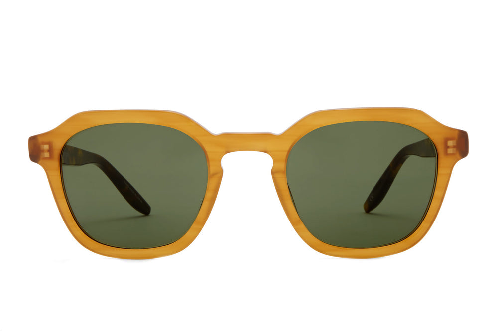 Barton Perreira Tucker Sun sunglasses with gold honey frames and vintage green lenses, front view with tortoiseshell accents.