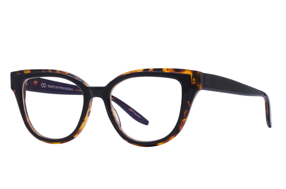 Barton Perreira WELCH sunglasses with black and amber tortoise acetate frame, side view showing sleek design and bold pattern