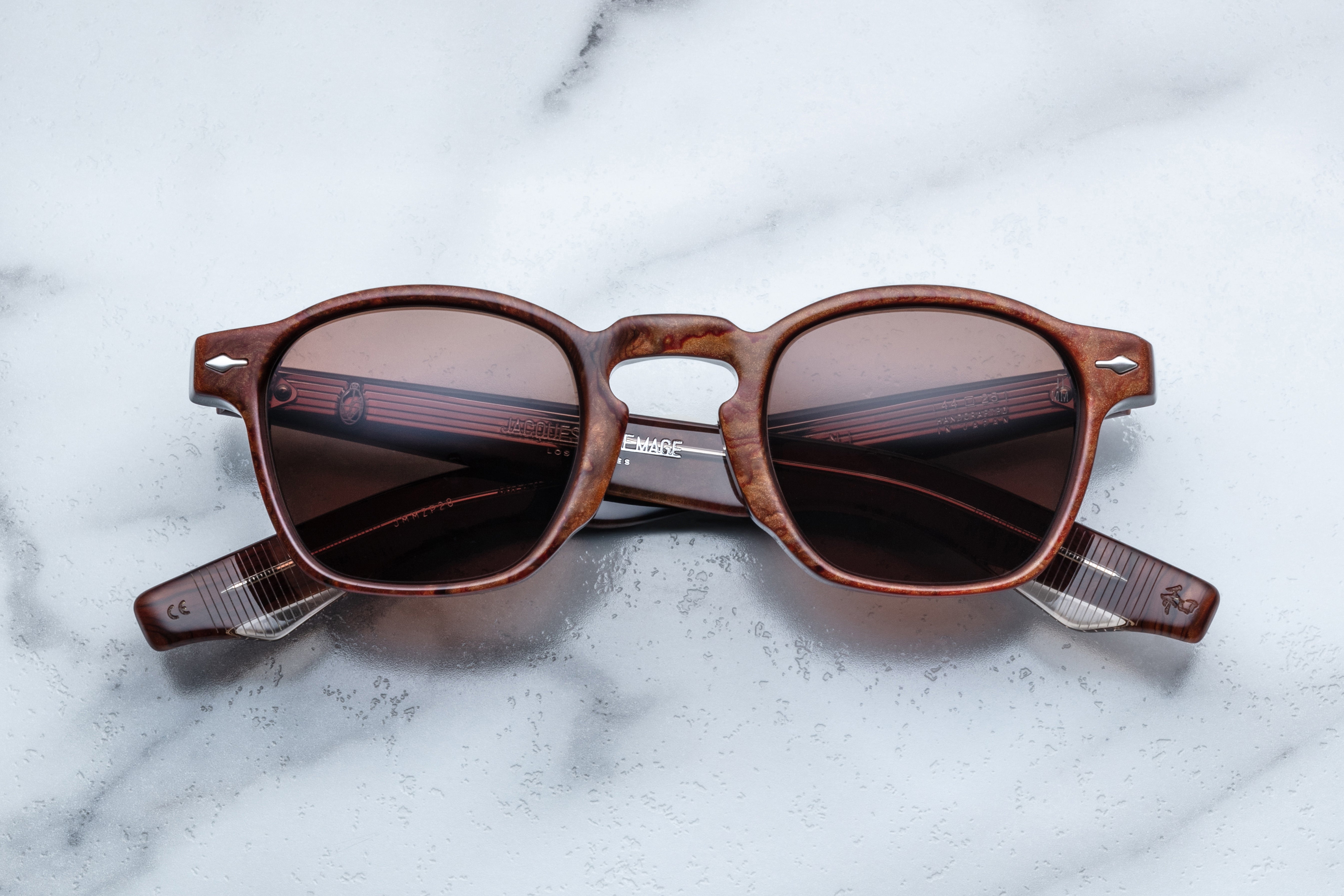 Jacques Marie Mage Zephirin sunglasses with burlwood frames and dark lenses, front view showcasing stylish design.