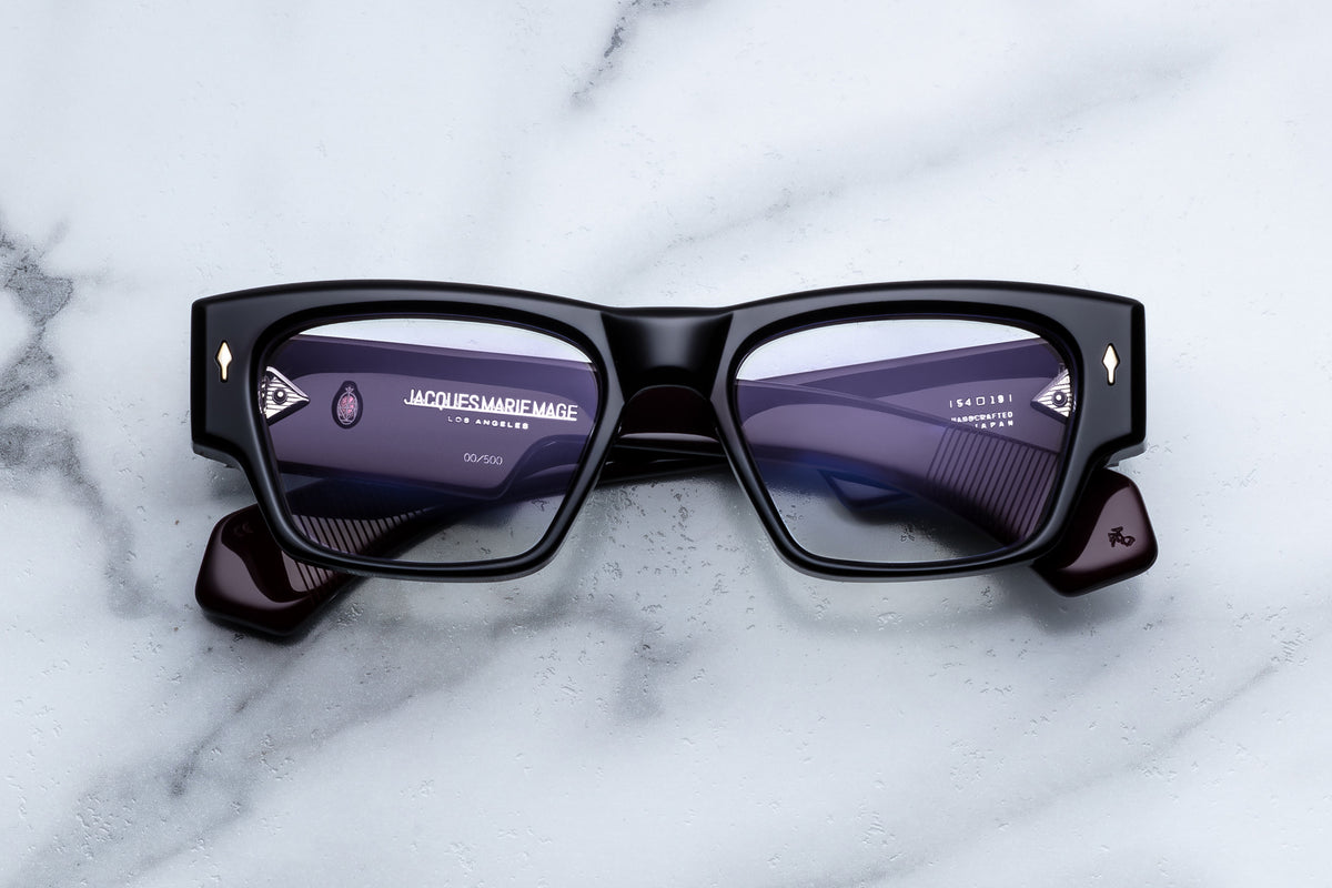 Jacques Marie Mage Zimmerman Bloodstone optical glasses with front view showing sleek design and rich bloodstone pattern.