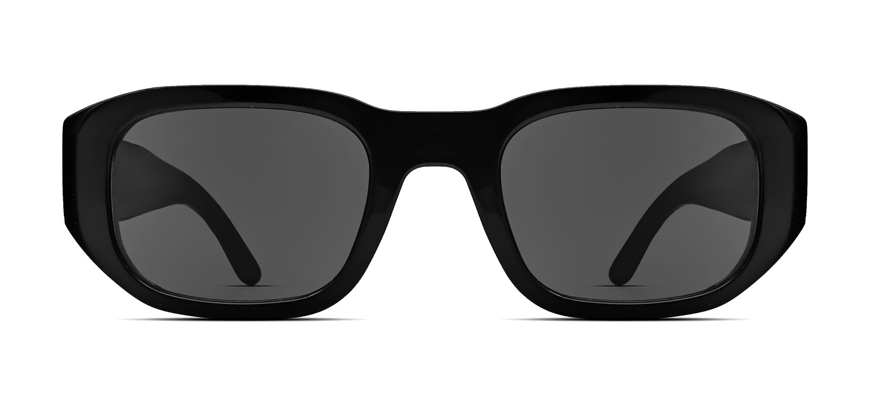 Thierry Lasry Victimy sunglasses with black frames and clear lenses, shown from the front in a close-up image.