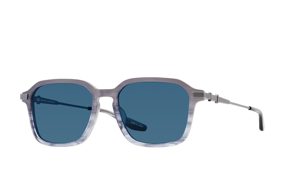 Barton Perreira Delon Moonshadow sunglasses with pewter and marine color, side view showing sleek frame design.