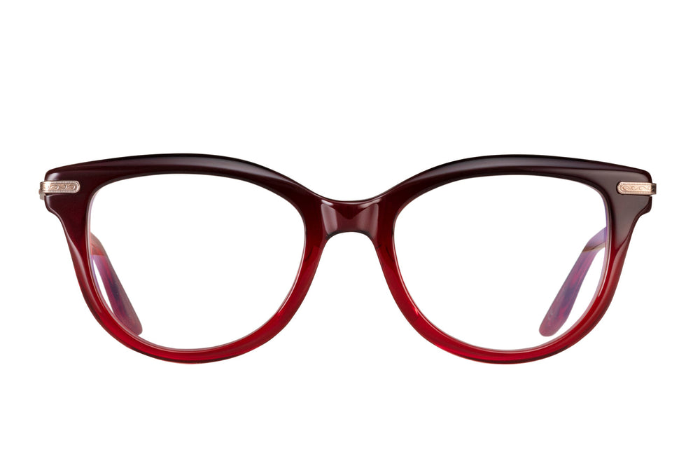 Barton Perreira EMELIE sunglasses with rose gold frame and garnet gradient lenses, front view showcasing stylish design.