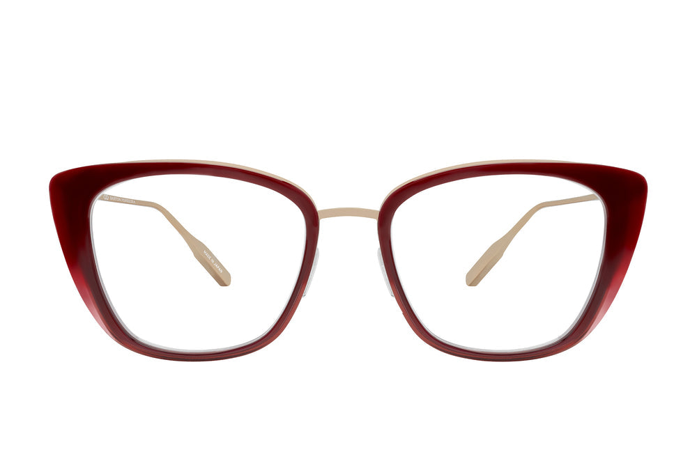 Barton Perreira Harper sunglasses with oxblood frames and rose gold accents, front view showing stylish design and detailing.