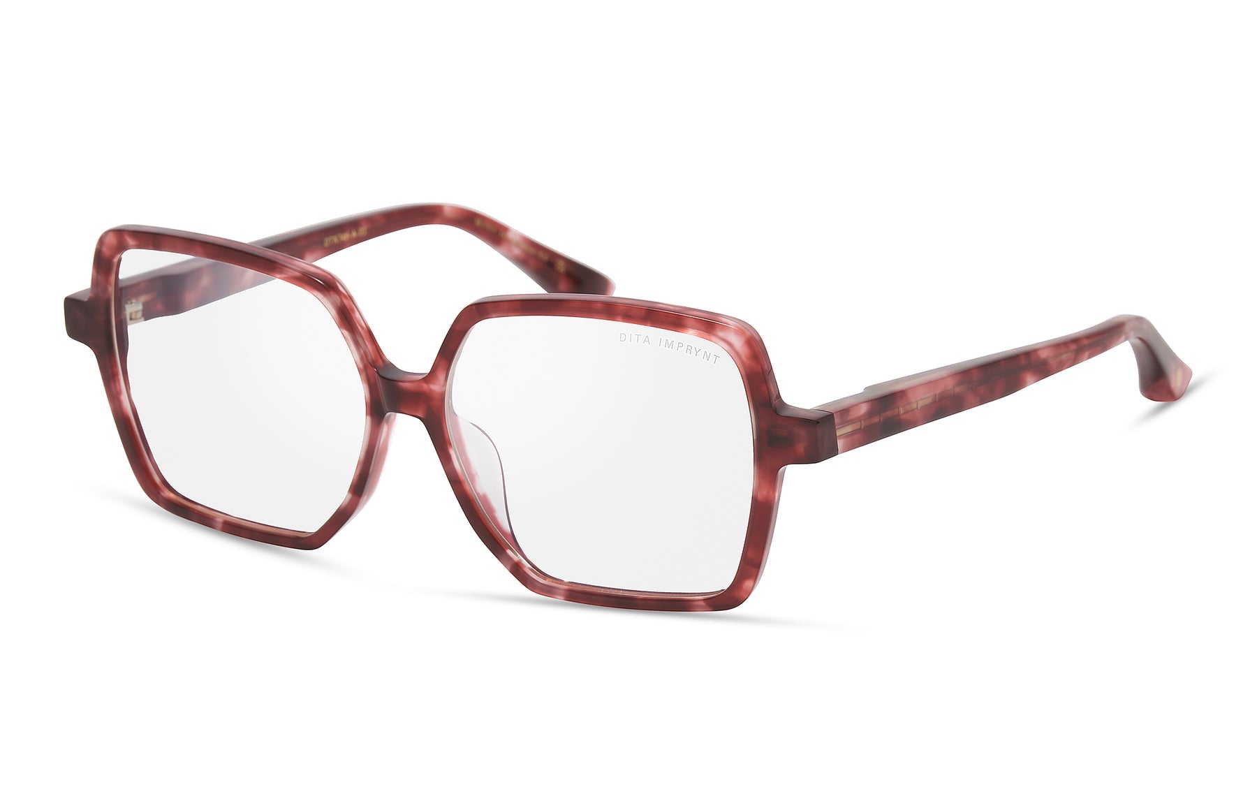 Dita IMPRYNT DTX749-A-02 eyeglasses with black frames and clear lenses, shown from a side angle.