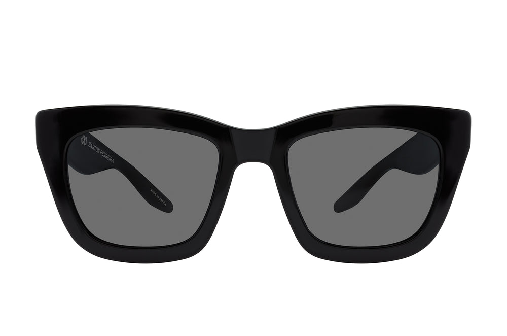 Black Kateri eyeglasses by Barton Perreira with sleek rectangular frames and subtle logo detailing.