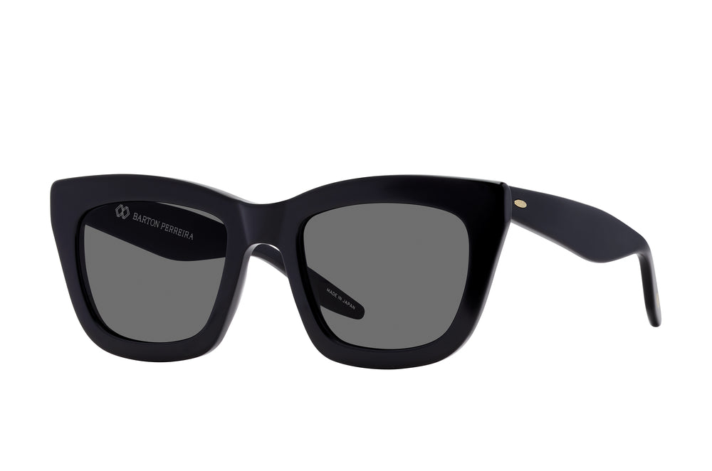 Black KATERI sunglasses by Barton Perreira with sleek frame and dark lenses, side view highlighting stylish design.