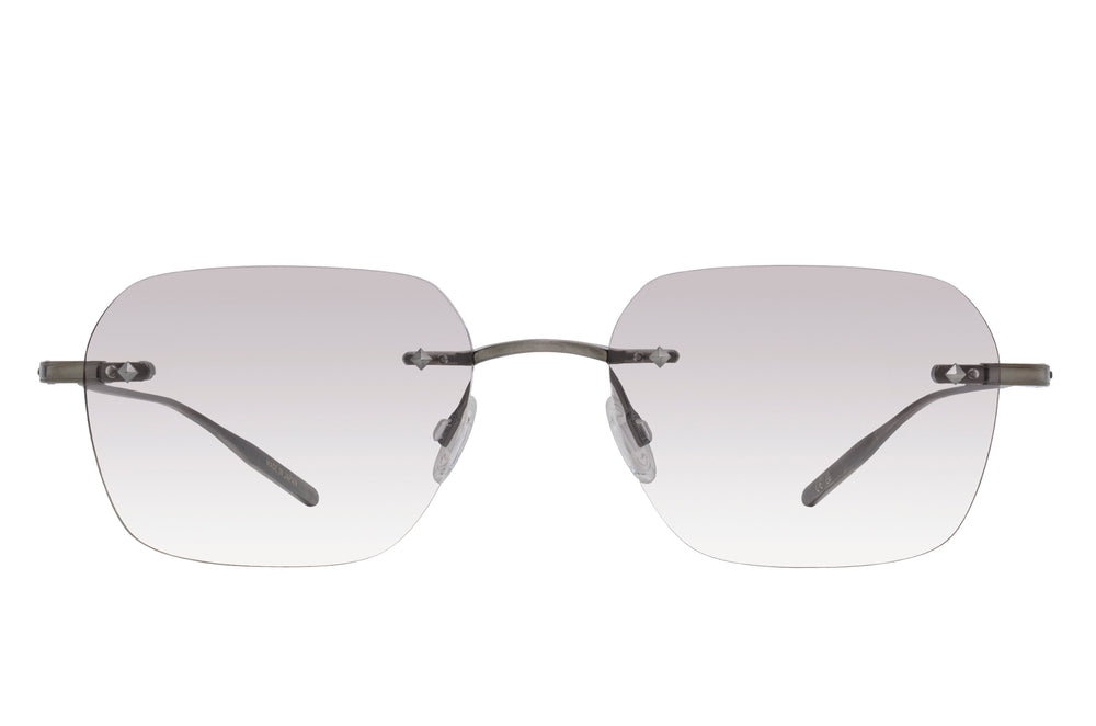 Barton Perreira LOUIE rimless eyeglasses with pewter smoke-colored frames and sleek, modern design.