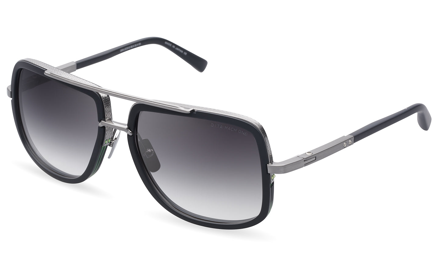Dita MACH ONE sunglasses with black frame and silver accents, shown from an angle on a white background.