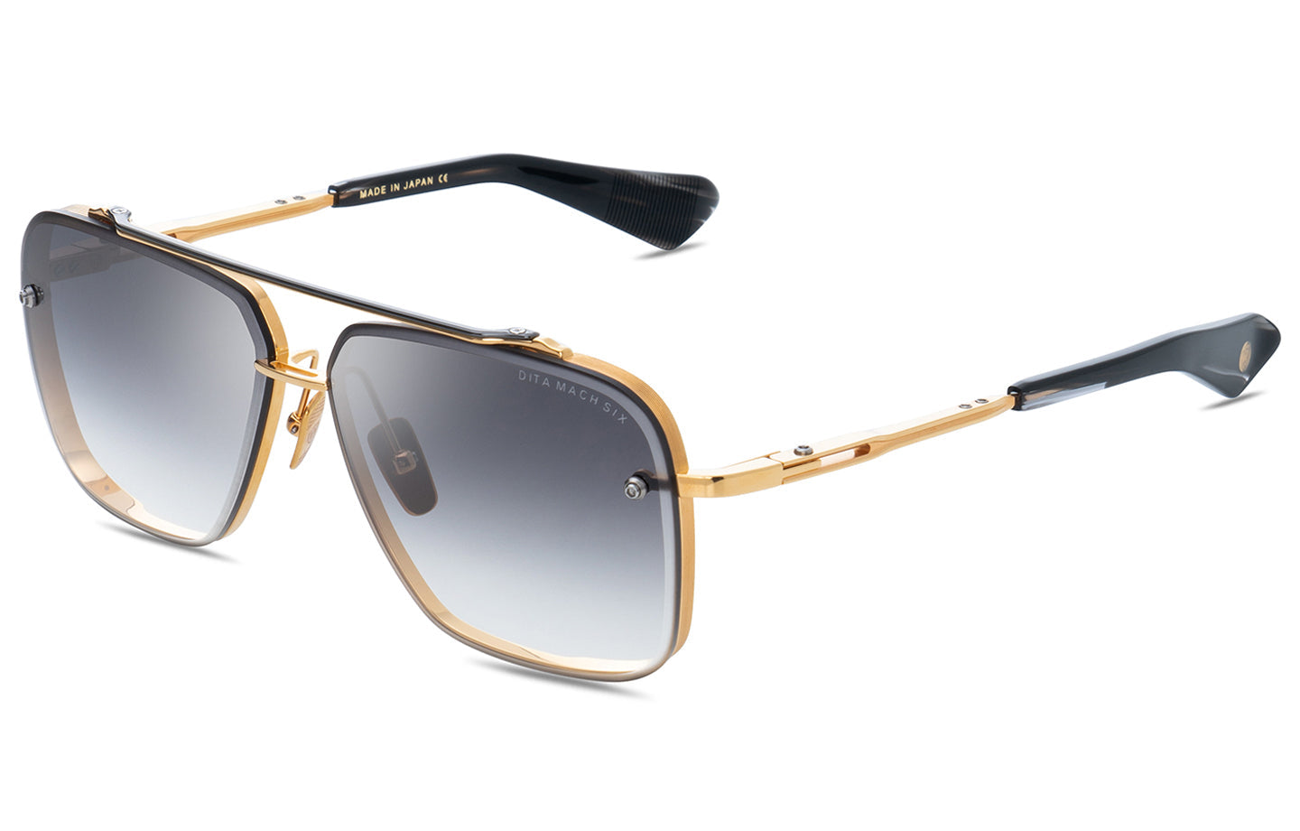 Close-up of DITA MACH SIX sunglasses with sleek black frames and tinted lenses, angled view highlighting design details.