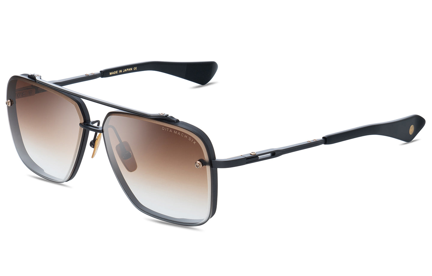 Close-up of DITA MACH SIX eyeglasses frame in matte finish, showing the sleek angular design and detailed temple arm.