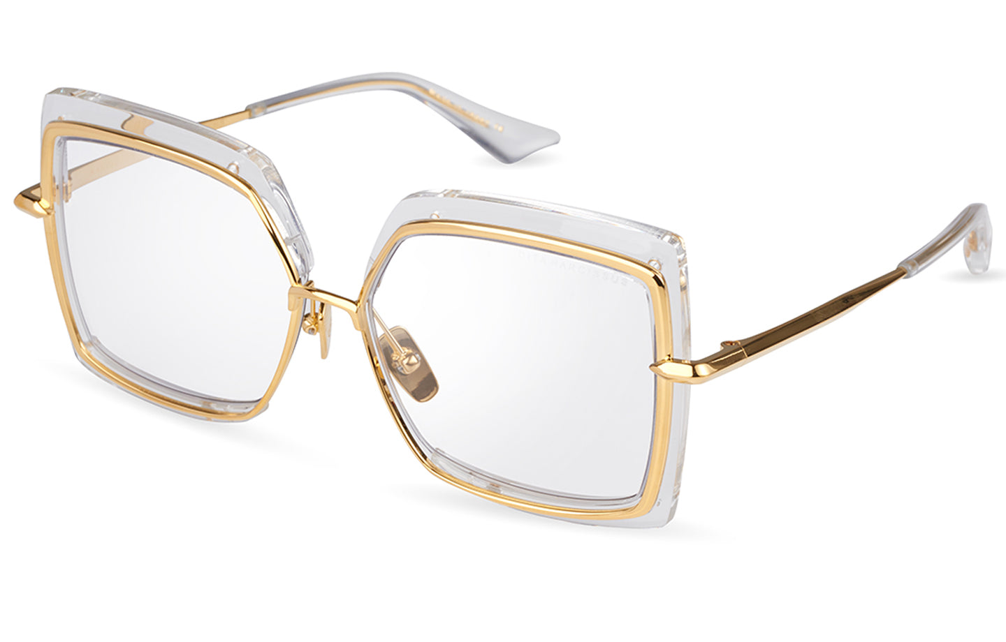 Dita Narcissus eyeglasses with clear frame and subtle gold accents, shown from an angled view.