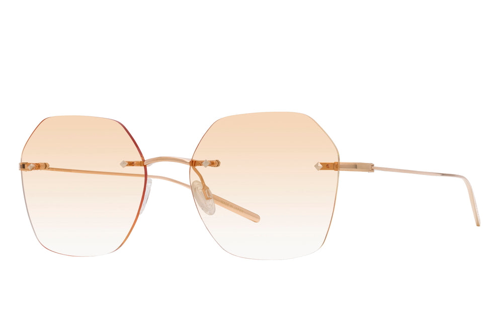 Rhonda rimless gold and peach glasses by Barton Perreira, side view showing sleek frame and stylish design.