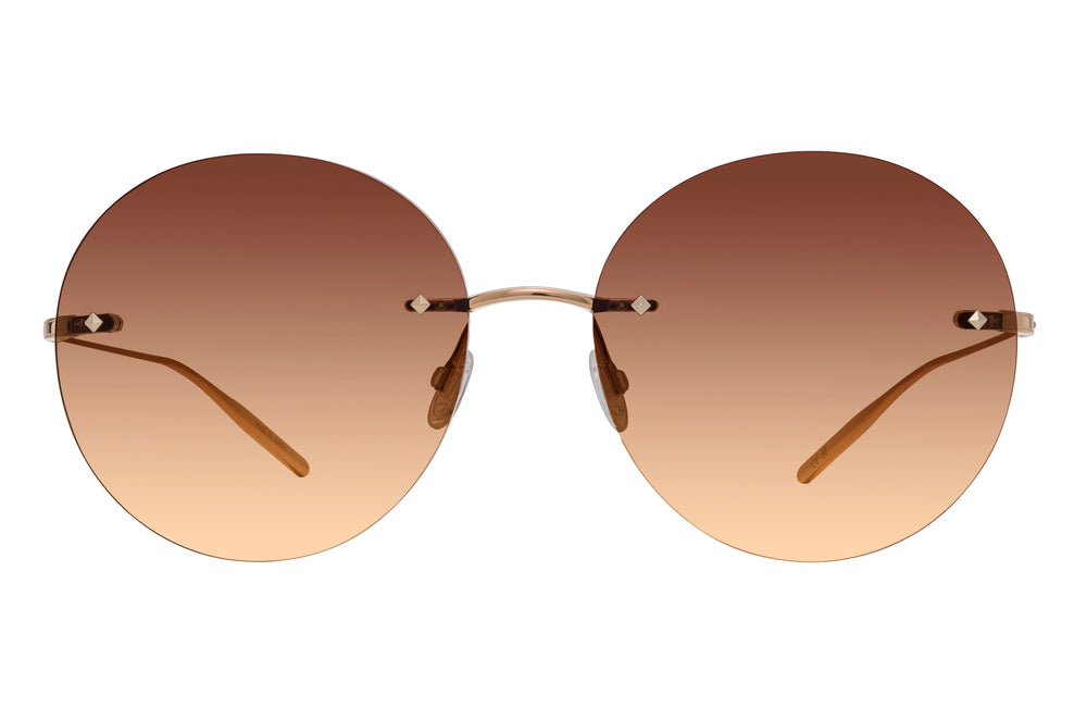 Barton Perreira RIGBY rimless sunglasses with gold frames and mahogany gradient lenses, close-up front view.
