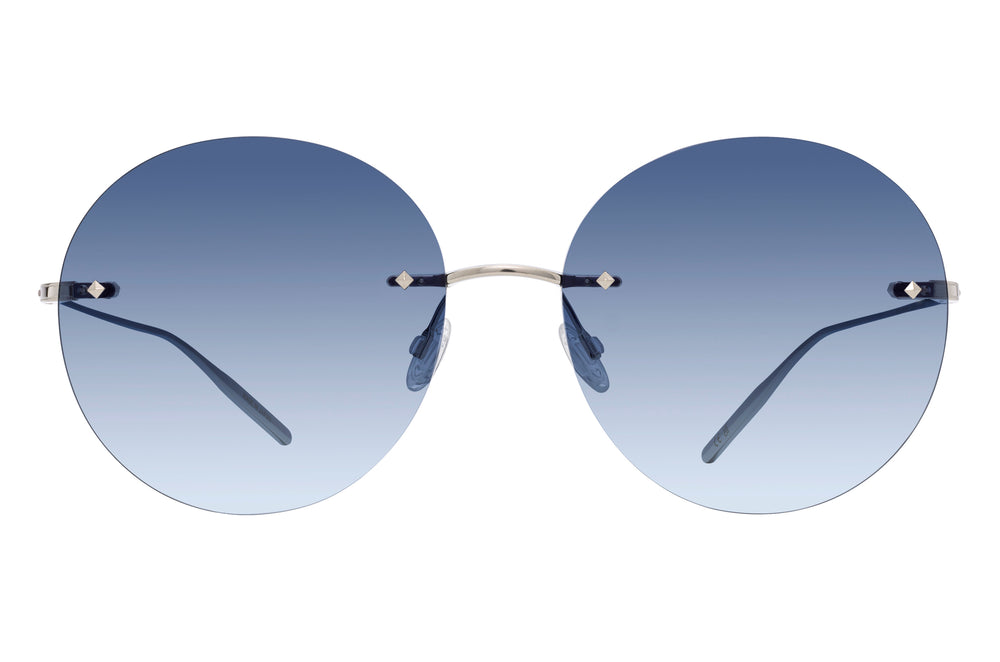 Barton Perreira Rigby rimless eyeglasses with silver frame and blue moon lenses, front view showing sleek design