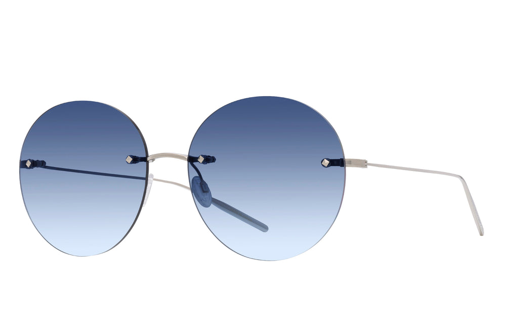 Barton Perreira Rigby rimless eyeglasses with silver frame and blue moon accents, side view showcasing sleek, modern design.