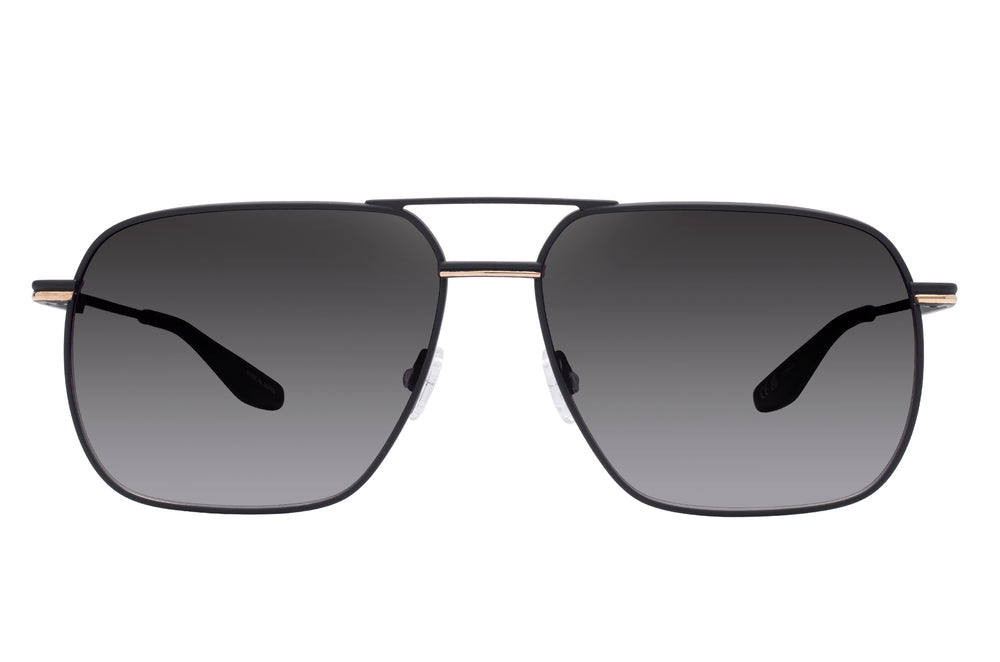Black satin sunglasses with gold accents and dark lenses, featuring a sleek, modern design by Barton Perreira's 007 Royale collection.
