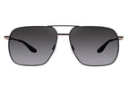 Black satin sunglasses with gold accents and dark lenses, featuring a sleek, modern design by Barton Perreira's 007 Royale collection.