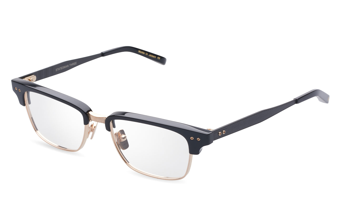 Dita Statesman 3 eyeglasses with black and gold frame, showcasing the stylish design and sleek profile from an angled view.