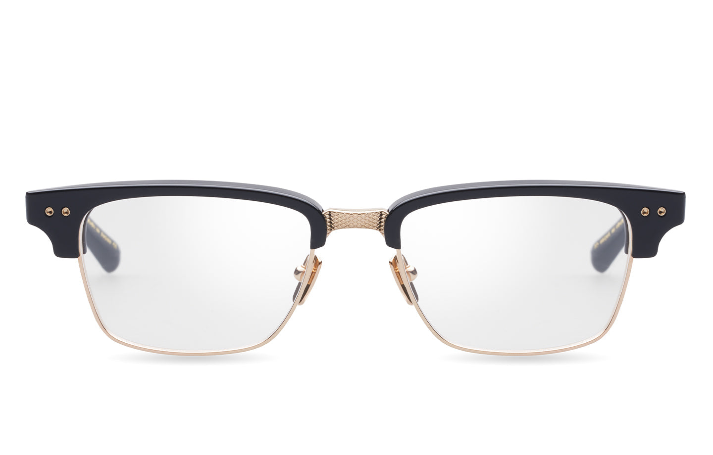 Dita Statesman 3 eyeglasses with black and gold frame, front view showing sleek design and rectangular shape.