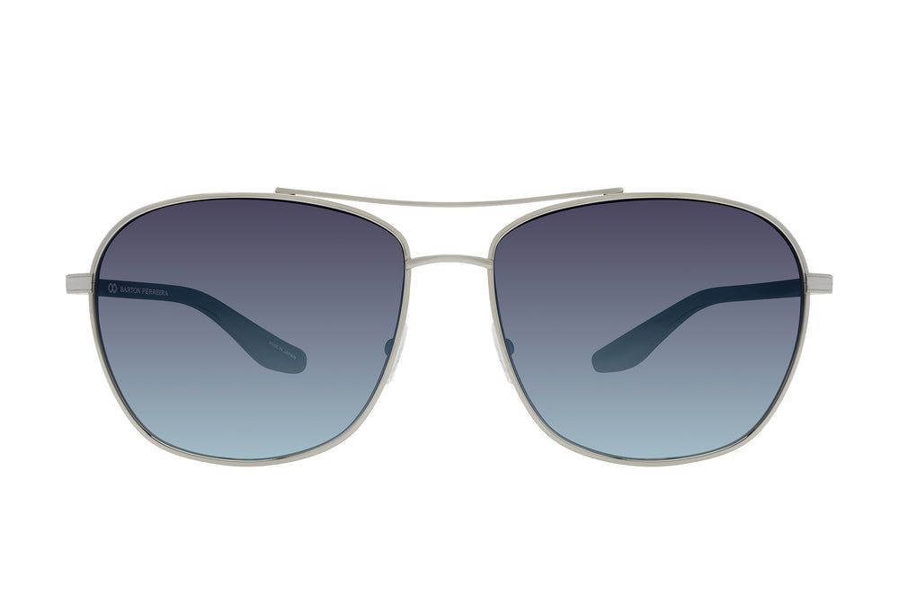 Barton Perreira SULLY sunglasses with platinum frame and gradient alabaster and Aegean-colored lenses, front view.
