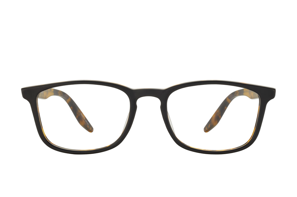 Barton Perreira Thompson sunglasses with matte black and amber tortoise acetate frame, front view showing stylish design.