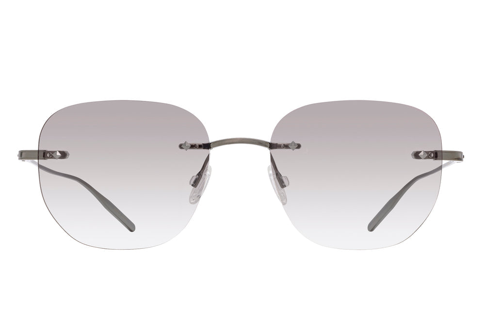 Barton Perreira Tyrone rimless sunglasses with pewter smoke lenses and sleek frame, front view showing modern eyewear design.