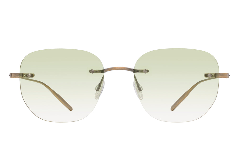 Barton Perreira Tyrone rimless sunglasses with antique gold frame and mint-colored lenses, front view.