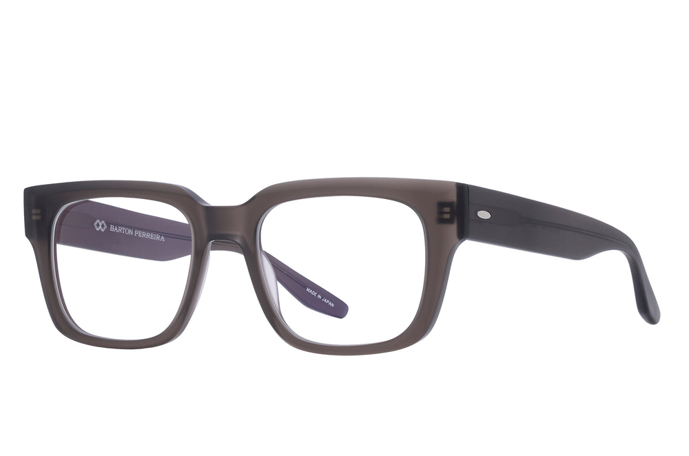Barton Perreira Zander matte dusk sunglasses with rounded frames and dark tinted lenses, shown from a side angle.