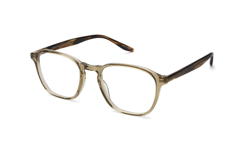 Side view of Barton Perreira Zorin sunglasses with khaki frames and tortoise-patterned temples.
