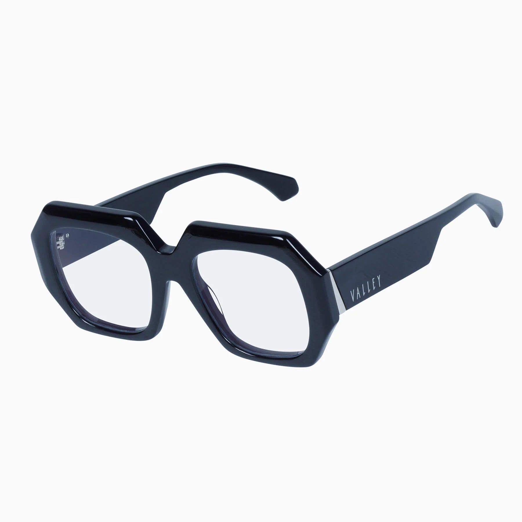 Valley Eyewear Monolith sunglasses with glossy black frames and clear lenses, close-up view showing stylish design details.